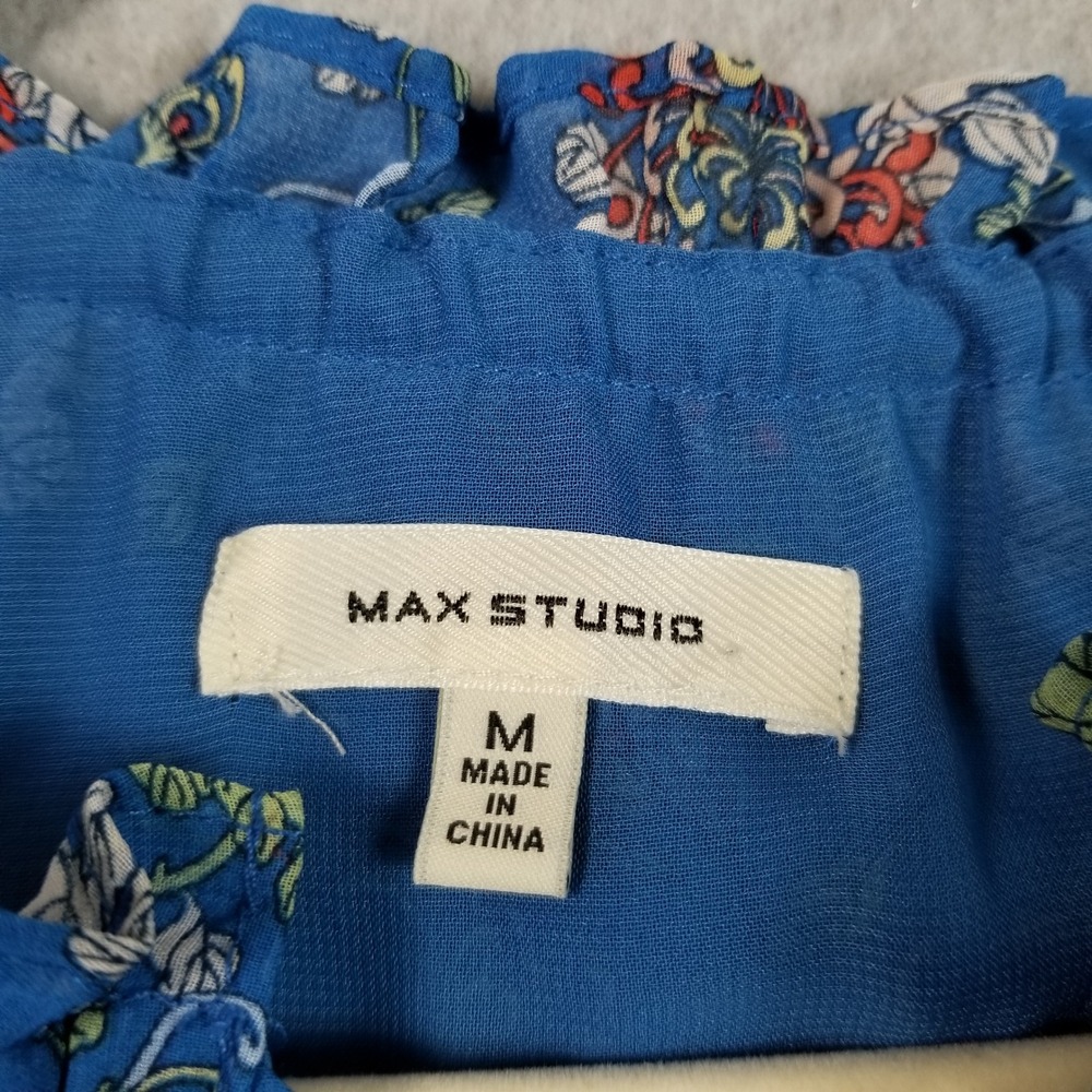 Max Studio Blouse Womens M Medium Blue Floral Tie Neck Sleeveless Bubble Hem Top - Picture 5 of 9